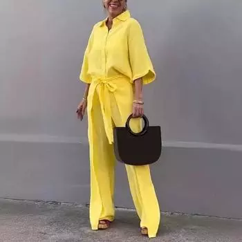 Женский комплект из 2 шт./компл., рубашка и брюки, однотонный топ с отложным воротником и рукавами три четверти, широкий пояс на шнуровке XXXL розы красного