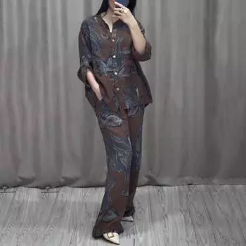 Женский комплект из 2 шт./компл., рубашка и брюки, повседневный наряд, топ с отложным воротником и длинными рукавами с принтом, широкие штанины, эластичная резинка на талии M белый