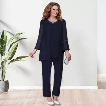 Женский комплект из 2 шт./компл., рубашка и брюки, однотонный шифоновый топ с V-образным вырезом и нерегулярными длинными рукавами, широкие брюки с высокой талией, свободные брюки, одежда для поездок на работу, блузка, брюки S синий