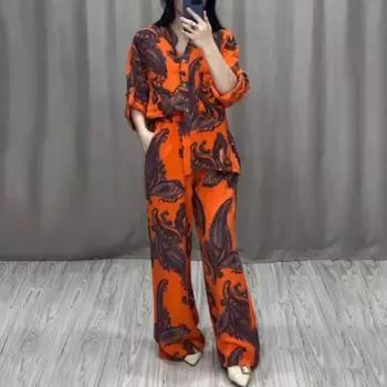 Женский комплект из 2 шт./компл., рубашка, брюки, повседневный наряд, отложной воротник с принтом, топ с длинными рукавами, широкие брюки с эластичной резинкой на талии, свободные брюки, одежда для поездок на работу, блузка M белый