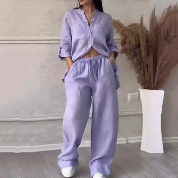 Женский комплект из 2 шт./компл., рубашка, брюки, свободный однобортный нагрудный карман с v-образным вырезом, длинная блузка средней длины, широкая эластичная талия 4XL хаки