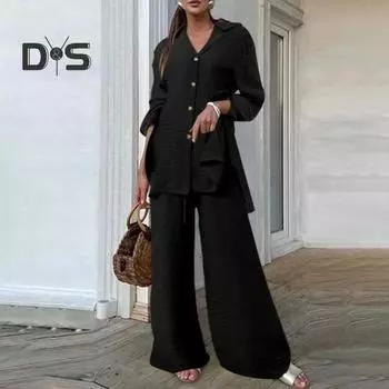 Женский комплект из 2 шт./компл., рубашка, брюки, однотонный, с отложным воротником, с длинным рукавом, средней длины, с широкими штанинами, с эластичной резинкой на талии, свободные брюки, одежда для поездок на работу, блузка XL жёлтый