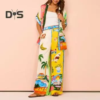 Женский комплект из 2 шт./компл., рубашка, брюки, Гавайский стиль отдыха, однобортный однобортный топ с короткими рукавами и лацканами с ярким принтом, широкие брюки с высокой эластичной талией S жёлтый