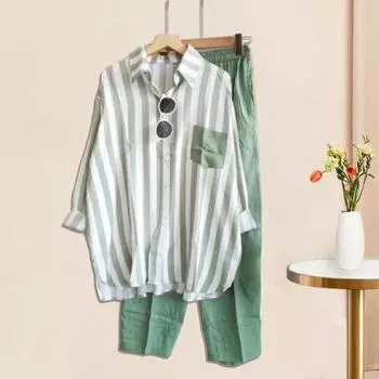 Женский комплект из 2 шт./компл., рубашка, брюки, одинаковый цвет, полосатый нагрудный карман с принтом, однобортная блузка с длинными рукавами и лацканами, комплект свободных брюк с эластичной резинкой на талии L розы красного