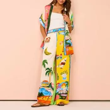 Женский комплект из 2 шт./компл., рубашка, брюки, Гавайский стиль отдыха, однобортный однобортный топ с короткими рукавами и лацканами с ярким принтом, широкие брюки с высокой эластичной талией 2XL жёлтый