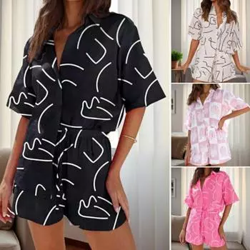 Женский комплект из 2 шт./компл., рубашка и шорты, однобортная блузка с короткими рукавами и воротником с лацканами, брюки с высокой талией выше колена, комплект из 2 шт./компл. S чёрный