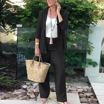 Женский комплект из 2 шт./компл., рубашка, брюки, свободные однобортные блузки с лацканами средней длины и длинными рукавами, широкие брюки с высокой талией, повседневные S зелёный