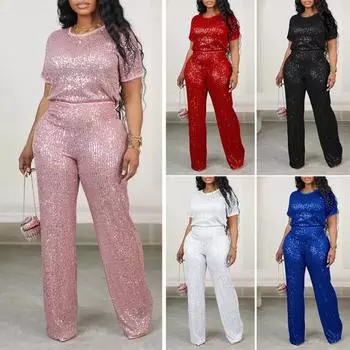 Женский комплект из 2 шт./компл. с блестящими блестками и круглым вырезом, с короткими рукавами, высокой эластичной талией, широкими штанинами, прямая повседневная женская футболка, комплект брюк L розовый