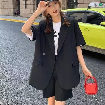 Женский комплект из 2 шт./компл. с планкой на пуговицах и лацканами, популярные офисные пальто, комплект с шортами до колена 4XL чёрный