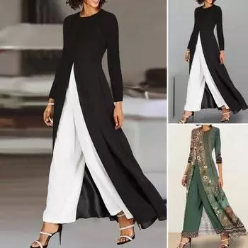 Женский комплект из 2 шт./компл. с длинным топом и брюками в стиле ретро, с цветочным принтом, с разрезом подол, с широкими штанинами и круглым вырезом, с глубоким промежутком, для вечеринки, выпускного вечера, комплект с топом и брюками XL зелёный