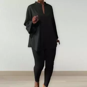 Женский комплект из 2 шт./компл. с воротником-стойкой и длинными рукавами, свободный топ, брюки, блузка с эластичной резинкой на талии 3XL чёрный