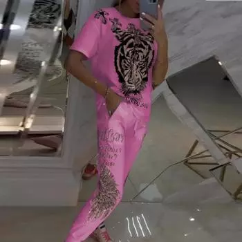 Женский комплект из 2 шт./компл. с тигровым принтом и рукавами, топ с круглым вырезом, короткая футболка, брюки с эластичной резинкой на талии M белый