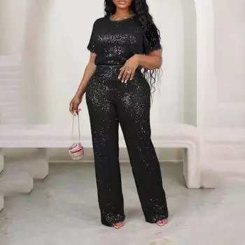 Женский комплект из 2 шт./компл. с блестящими блестками и круглым вырезом, с короткими рукавами, высокой эластичной талией, широкими штанинами, прямая повседневная женская футболка, комплект брюк L розовый