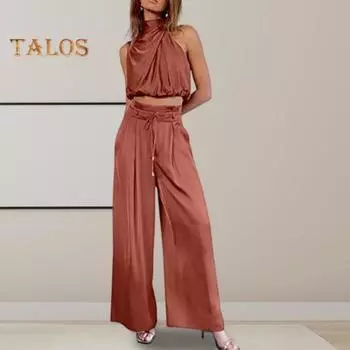 Женский комплект из 2 шт./компл. с коротким топом и брюками, комплект без рукавов с высоким воротником, плиссированный короткий топ, однотонный комплект с завязками, высокой талией и широкими штанинами, свободные брюки S чёрный