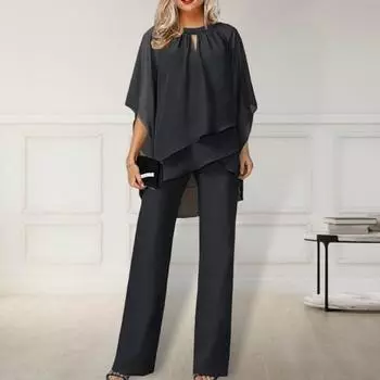 Женский комплект из 2 шт./компл. с вырезом на шее, нерегулярным топом с короткими рукавами и круглым вырезом, брюками, многослойным топом с подолом 3XL вино красного