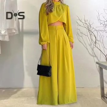 Женский комплект из 2 шт./компл. с воротником-стойкой, плиссированная короткая блузка с длинными рукавами и высокой талией, широкие брюки с глубоким промежутком, OL, коммутационная одежда M жёлтый
