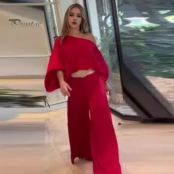 Женский комплект из 2 шт./компл. с верхними брюками и 3D принтом розы на одно плечо с наклонным вырезом и длинными рукавами «летучая мышь» с высокой талией и широкими штанинами с карманами в коммутационном стиле Женская блузка Брюки M белый