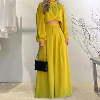 Женский комплект из 2 шт./компл. с воротником-стойкой, плиссированная короткая блузка с длинными рукавами и высокой талией, широкие брюки с глубоким промежутком, OL, коммутационная одежда M жёлтый