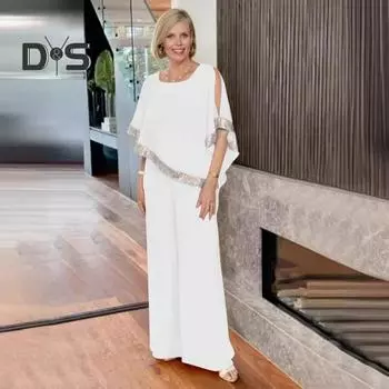 Женский комплект из 2 шт./компл. с рукавами «летучая мышь» и нерегулярным подолом с блестками и круглым вырезом Блузка с широкими штанинами контрастного цвета Брюки для повседневного использования 2XL белый