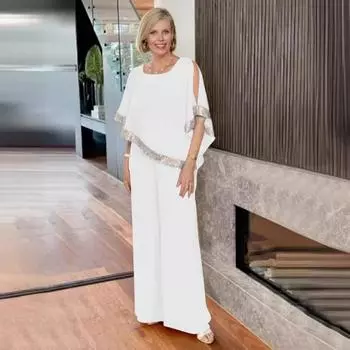 Женский комплект из 2 шт./компл. с рукавами «летучая мышь» и нерегулярным подолом с блестками и круглым вырезом Блузка с широкими штанинами контрастного цвета Брюки для повседневного использования 2XL синий