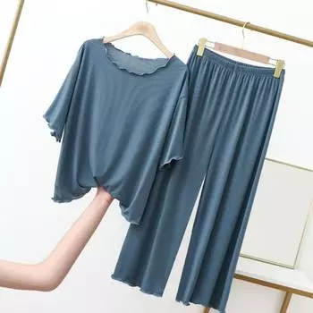Женский комплект из 2 шт./компл. с круглым вырезом и короткими рукавами, блузка и брюки, топ с широкими штанинами, свободный тонкий XL темно-синий