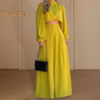 Женский комплект из 2 шт./компл. с воротником-стойкой, плиссированная короткая блузка с длинными рукавами и высокой талией, широкие брюки с глубоким промежутком, OL, коммутационная одежда M жёлтый