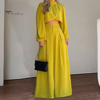 Женский комплект из 2 шт./компл. с воротником-стойкой, плиссированная короткая блузка с длинными рукавами и высокой талией, широкие брюки с глубоким промежутком, OL, коммутационная одежда M жёлтый