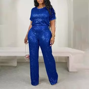 Женский комплект из 2 шт./компл. с блестящими блестками и круглым вырезом, с короткими рукавами, высокой эластичной талией, широкими штанинами, прямая повседневная женская футболка, комплект брюк XL чёрный