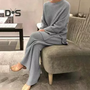 Женский комплект из 2 шт./компл., свитер, брюки, вязаный эластичный круглый вырез, свободный, с широкими штанинами, с эластичной резинкой на талии, толстый, мягкий, теплый, домашняя одежда, одежда для сна, женская зимняя осень L чёрный