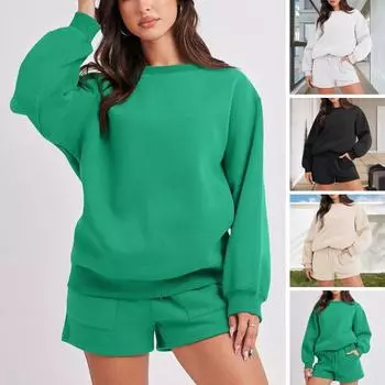 Женский комплект из 2 шт./компл., толстовка и шорты, свободный однотонный шнурок, эластичная резинка на талии, с длинным рукавом, круглый вырез, эластичные манжеты, мягкие карманы для женщин M бежевый