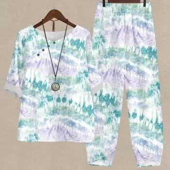 Женский комплект из 2 шт./компл., топ и брюки с принтом и круглым вырезом, свободные пуговицы, соответствующий цвету, половина рукава, ретро, эластичная талия, широкая дышащая повседневная рубашка, комплект брюк S