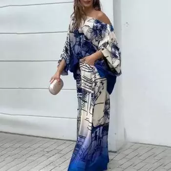 Женский комплект из 2 шт./компл., топ, брюки, комплект на одно плечо, рукава «летучая мышь», мешковатые розы с принтом, свободные, с высокой талией, широкие штаны S синий