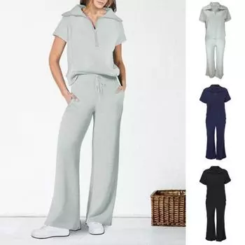 Женский комплект из 2 шт./компл., топ, брюки, отложной воротник, полумолния, сплошной цвет, футболка с короткими рукавами, эластичная