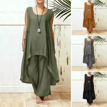 Женский комплект из 2 шт./компл., топ и брюки, повседневный комплект с широкими штанинами, неровный подол, без рукавов, однотонный, повседневная одежда, с круглым вырезом, до щиколотки, плюс L чёрный