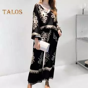 Женский комплект из 2 шт./компл., топ, брюки, ретро-принт, топ с длинными рукавами и нерегулярным принтом, широкие брюки с высокой талией, свободная повседневная блузка, комплект брюк, женский повседневный комплект M чёрный