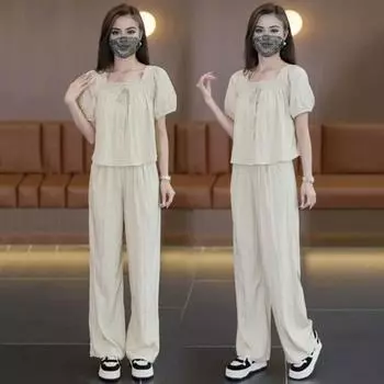 Женский комплект из 2 шт./компл., топ, брюки, однотонный плиссированный топ с короткими рукавами и бантом, квадратный вырез, широкие брюки, свободные брюки с эластичной резинкой на талии, повседневная женская одежда для поездок на работу L