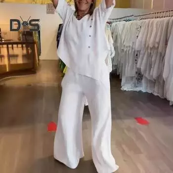 Женский комплект из 2 шт./компл., топ, брюки, однотонный, с коротким рукавом «летучая мышь», с круглым вырезом, нерегулярный подол, широкие брюки, свободные брюки с эластичной резинкой на талии, повседневная женская одежда в стиле ретро 2XL зелёный