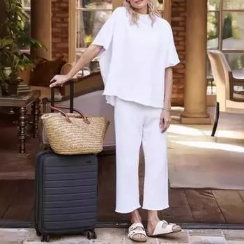 Женский комплект из 2 шт./компл., топ и брюки, с рукавами «летучая мышь» и круглым вырезом, свободный топ, широкие брюки, однотонные брюки OL, повседневный наряд, футболка, комплект брюк L темно-синий