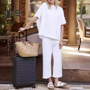 Женский комплект из 2 шт./компл., топ и брюки, с рукавами «летучая мышь» и круглым вырезом, свободный топ, широкие брюки, однотонные брюки OL, повседневный наряд, футболка, комплект брюк S светло-серый