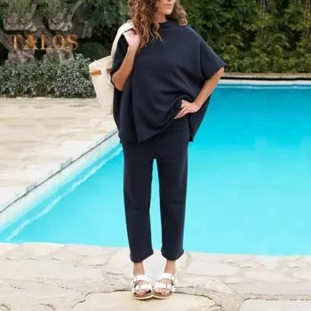 Женский комплект из 2 шт./компл., топ и брюки, с рукавами «летучая мышь» и круглым вырезом, свободный топ, широкие брюки, однотонные брюки OL, повседневный наряд, футболка, комплект брюк S светло-серый