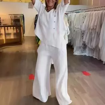 Женский комплект из 2 шт./компл., топ, брюки, однотонный, с коротким рукавом «летучая мышь», с круглым вырезом, нерегулярный подол, широкие брюки, свободные брюки с эластичной резинкой на талии, повседневная женская одежда в стиле ретро 2XL зелёный