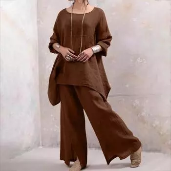 Женский комплект из 2 шт./компл., топ, брюки, свободный однотонный комплект с карманами, неровный подол, широкий вырез, круглый вырез, мягкая дышащая футболка, комплект брюк M чёрный