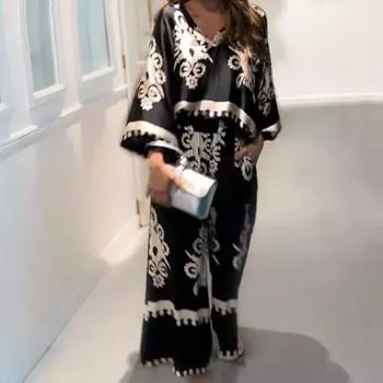 Женский комплект из 2 шт./компл., топ, брюки, ретро-принт, топ с длинными рукавами и нерегулярным принтом, широкие брюки с высокой талией, свободная повседневная блузка, комплект брюк, женский повседневный комплект M чёрный