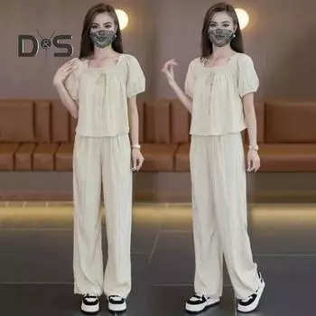 Женский комплект из 2 шт./компл., топ, брюки, однотонный плиссированный топ с короткими рукавами и бантом, квадратный вырез, широкие брюки, свободные брюки с эластичной резинкой на талии, повседневная женская одежда для поездок на работу L