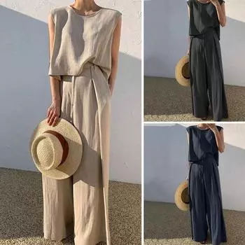 Женский комплект из 2 шт./компл., топы и брюки, однотонные брюки полной длины, пуловер с круглым вырезом, износостойкий свободный тип