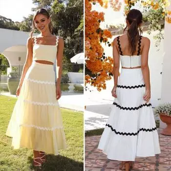 Женский комплект из 2 шт./компл., топы на бретельках с высокой талией и рюшами, комплект макси-юбки в полоску S светло-желтого