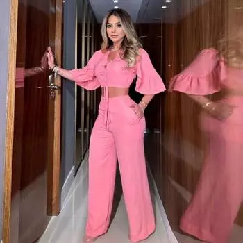 Женский комплект из 2 шт./компл., укороченный топ, брюки, V-образный вырез, полукруглые рукава, высокая талия, широкий M розовый