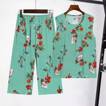 Женский комплект из 2 шт./компл., жилет и брюки с цветочным принтом, круглый вырез без рукавов, свободные плиссированные эластичные талии с широкими штанинами, повседневная домашняя одежда, пижамный комплект для мам среднего возраста 3XL жёлтый