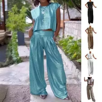 Женский комплект из 2 шт./компл., жилет и брюки, топ без рукавов с глянцевой поверхностью в стиле ретро, с металлическим блеском, с круглым вырезом XL серебряный