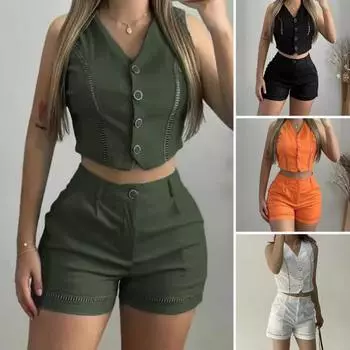 Женский комплект из 2 шт./компл., жилет и шорты, однобортный ажурный топ без рукавов с V-образным вырезом и высокой талией, на пуговицах на молнии, брюки, комплект, повседневный комплект для отдыха и отдыха M оранжевый
